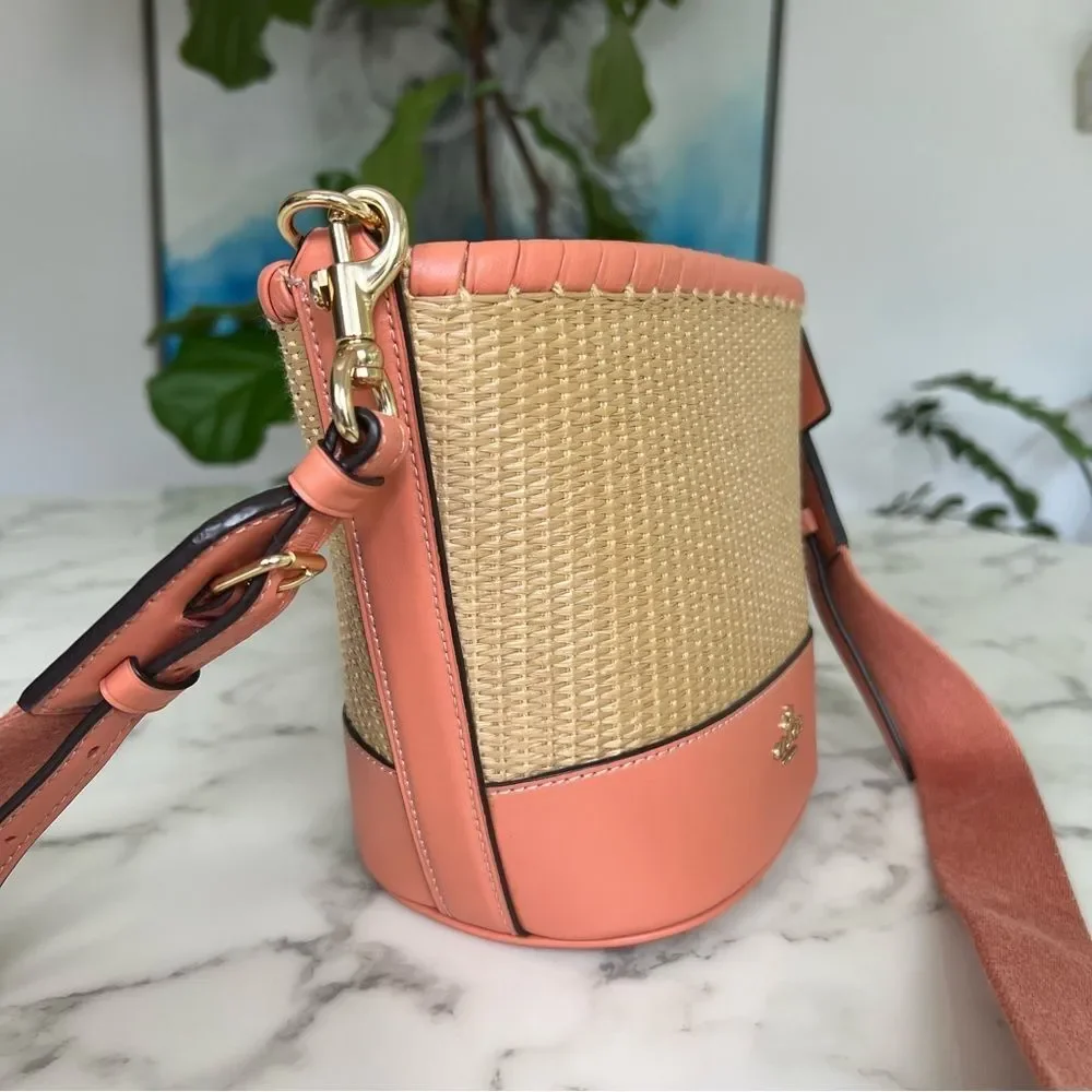 COACH Woven Straw Bucket Bag Crossbody F72707 Natural Light Coral Leather Gold